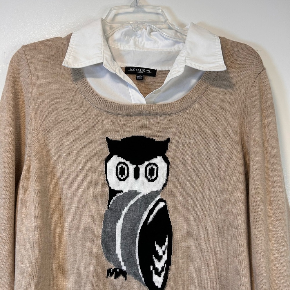 Notations Tan Owl Print Sweater Faux Collar Cuff Knit Long Sleeve Women’s 1X - Picture 3 of 7